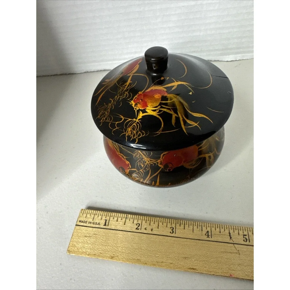 Vintage Singapore Black Lacquer Ware Lid Pot Hand Painted Koi Carp Fish